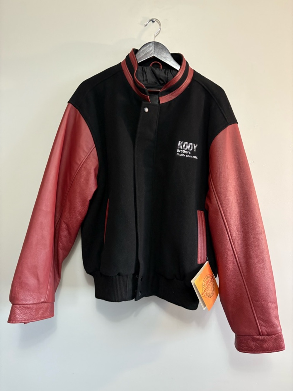 Kooy Brothers Varsity Jacket Black Wool Red Leather Sleeves Bomber Mens